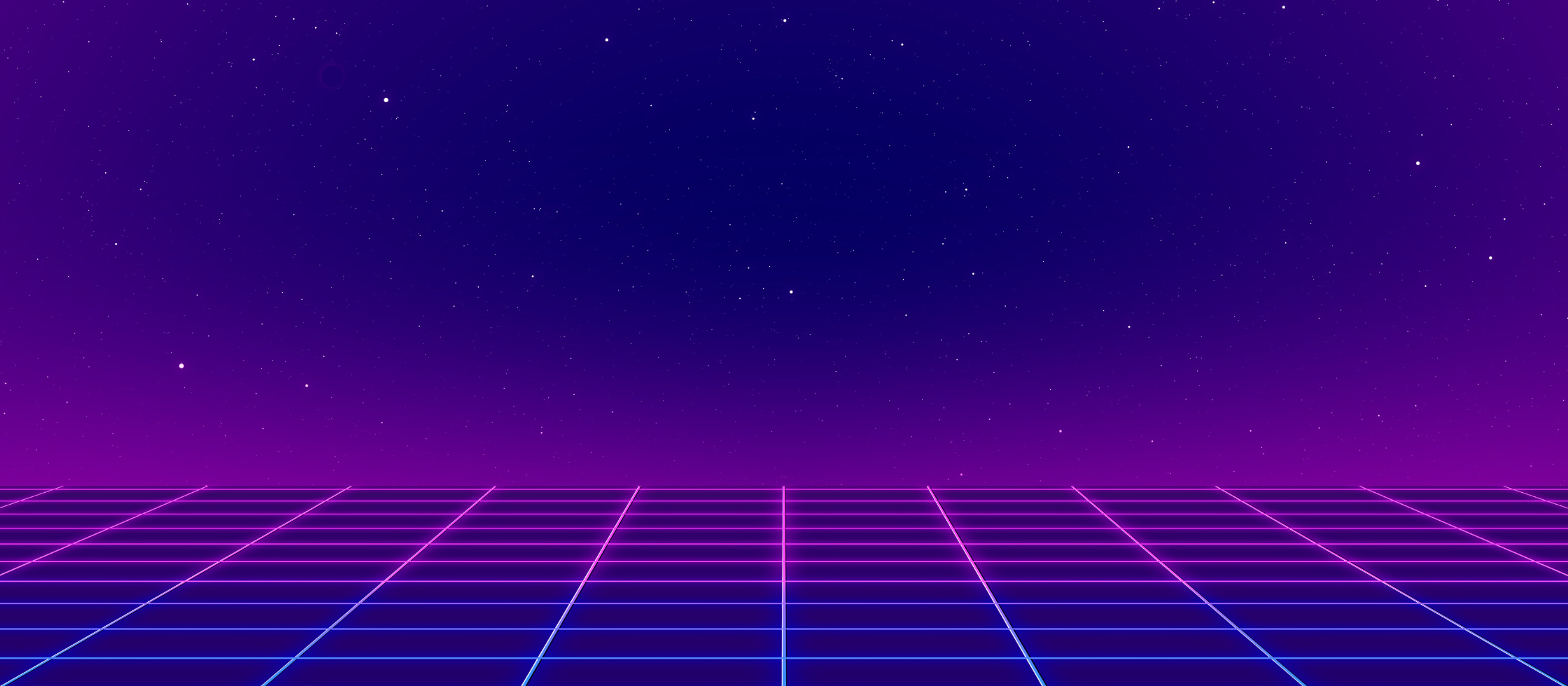 Neon grid on a purple gradient background with stars, reminiscent of 80s technology.